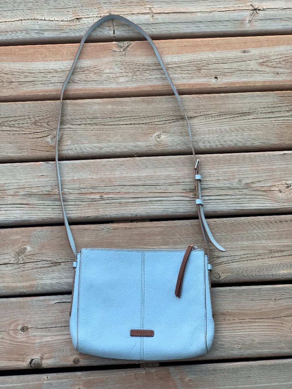 Fossil Crossbody Shoulder Bag Light Blue Leather Purse Adjustable Boho Handbag